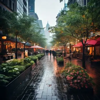 City street scene with trees, a rain garden and people walking in the rain