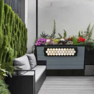 SUDS Planter on a modern apartment terrace with living wall and grey black furniture