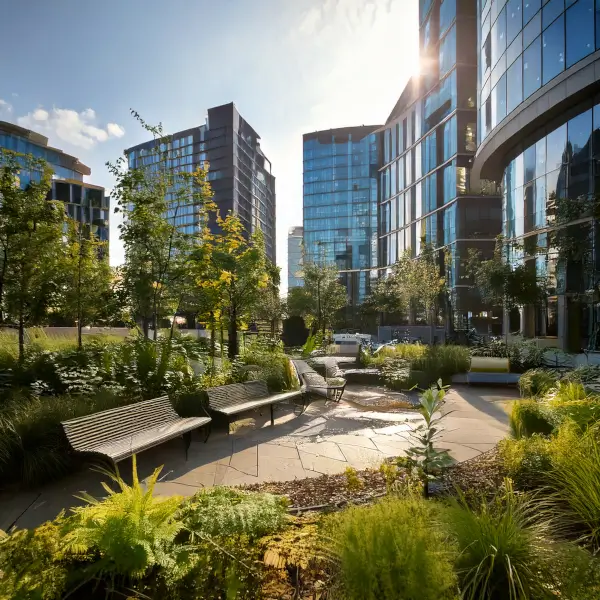 Business improvement district in the UK with a rain garden and seating area