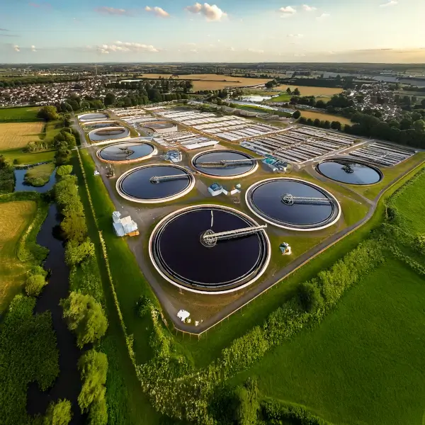 Drone photograph of a wastewater treatment works in the UK