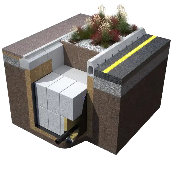 Raingarden Hydrorock Drawing with path, road run-off and gulleys