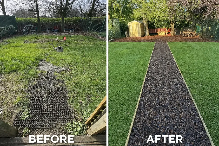 Before and after photos of a Hydrorock install at Pelton Primary